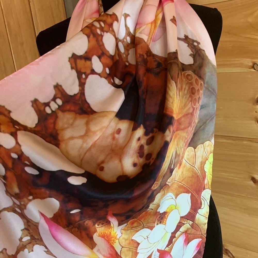 Large Rectangular Silk Scarf With Flowers And But… - image 8